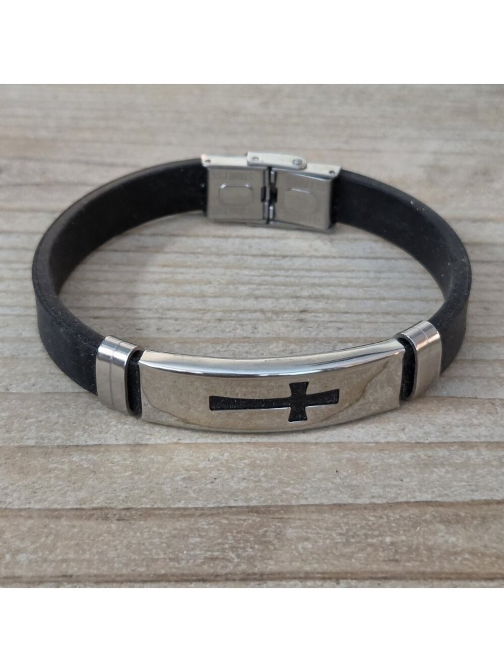 Stainless Steel Black Silicon 8" Band Christian Cross Bracelet